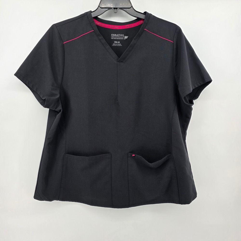Fabletics Black Pink Trim V-Neck Scrub Top Womens XXL/1X Performance Medical Top